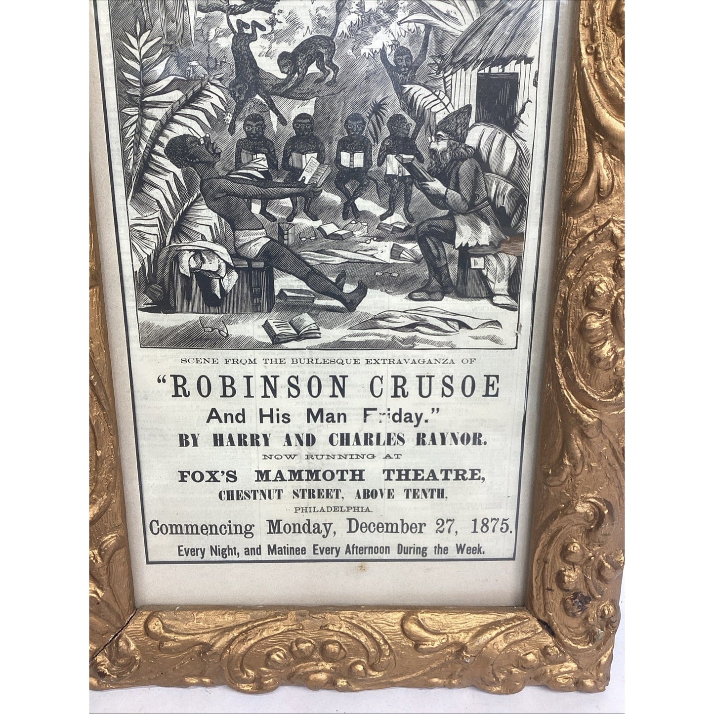 Framed Victorian Style Robinson Crusoe Theatre Poster W/ Ornate Gold Frame