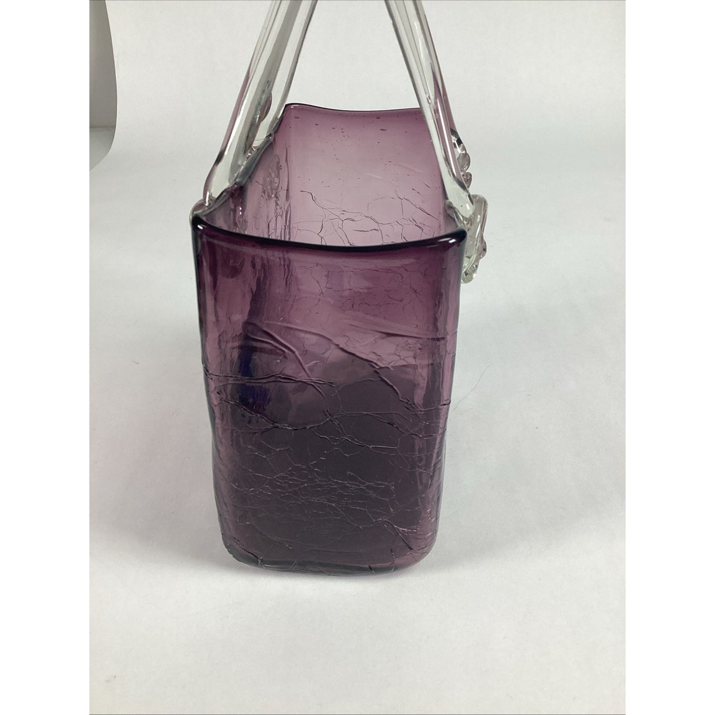 Hand Blown Crackled Glass Purple Amethyst Purse Decorative Vase