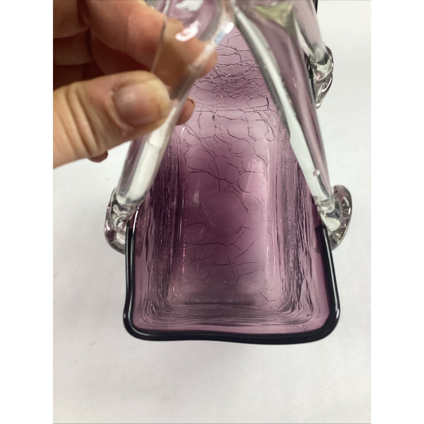 Hand Blown Crackled Glass Purple Amethyst Purse Decorative Vase