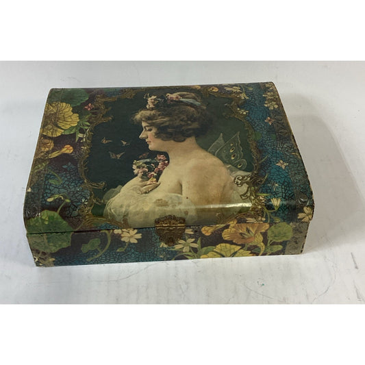 Antique 1900’s Edwardian Lithograph Wooden Jewelry Box W/ Lined Satin - Read