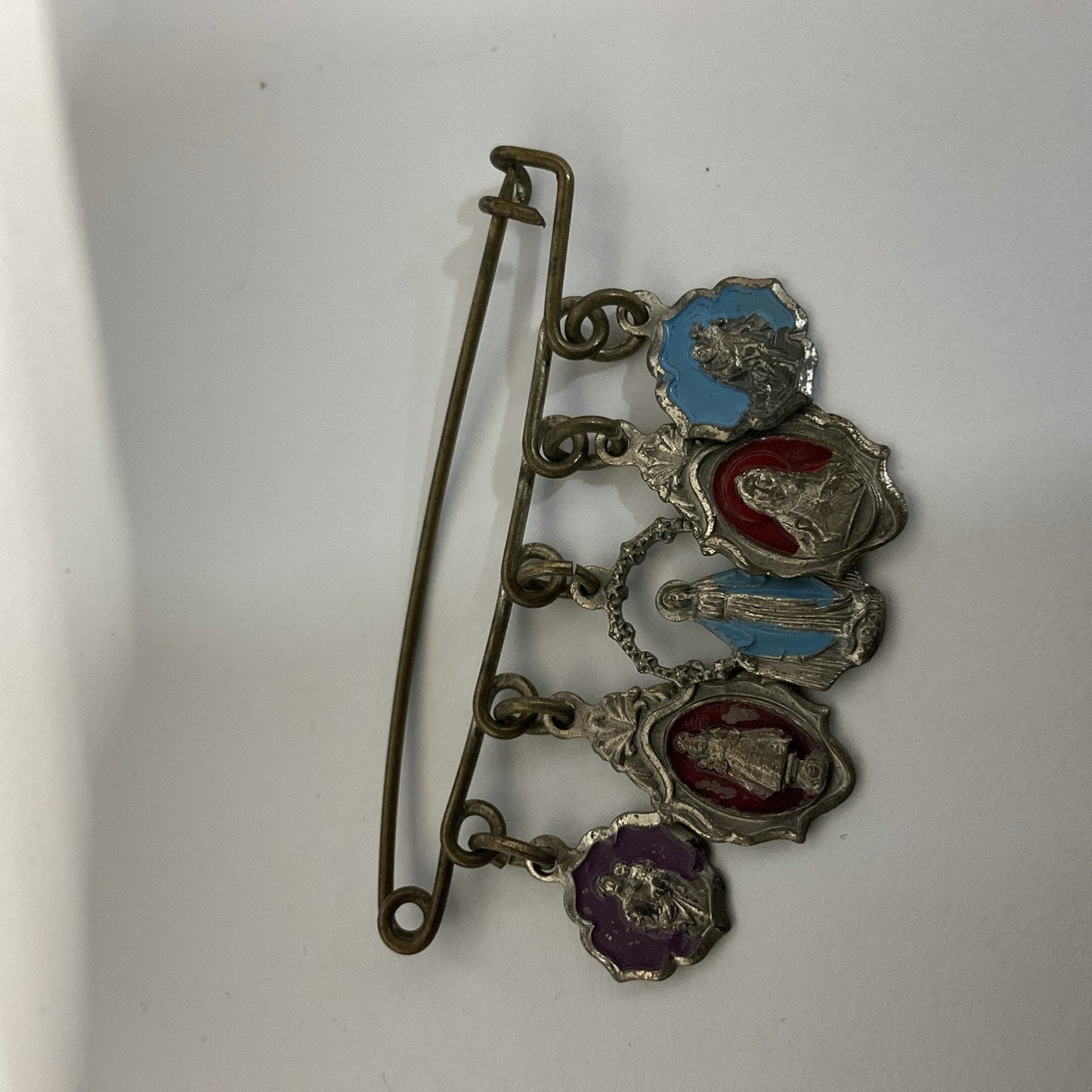 Miraculous Virgin Mary enamel medal on pin