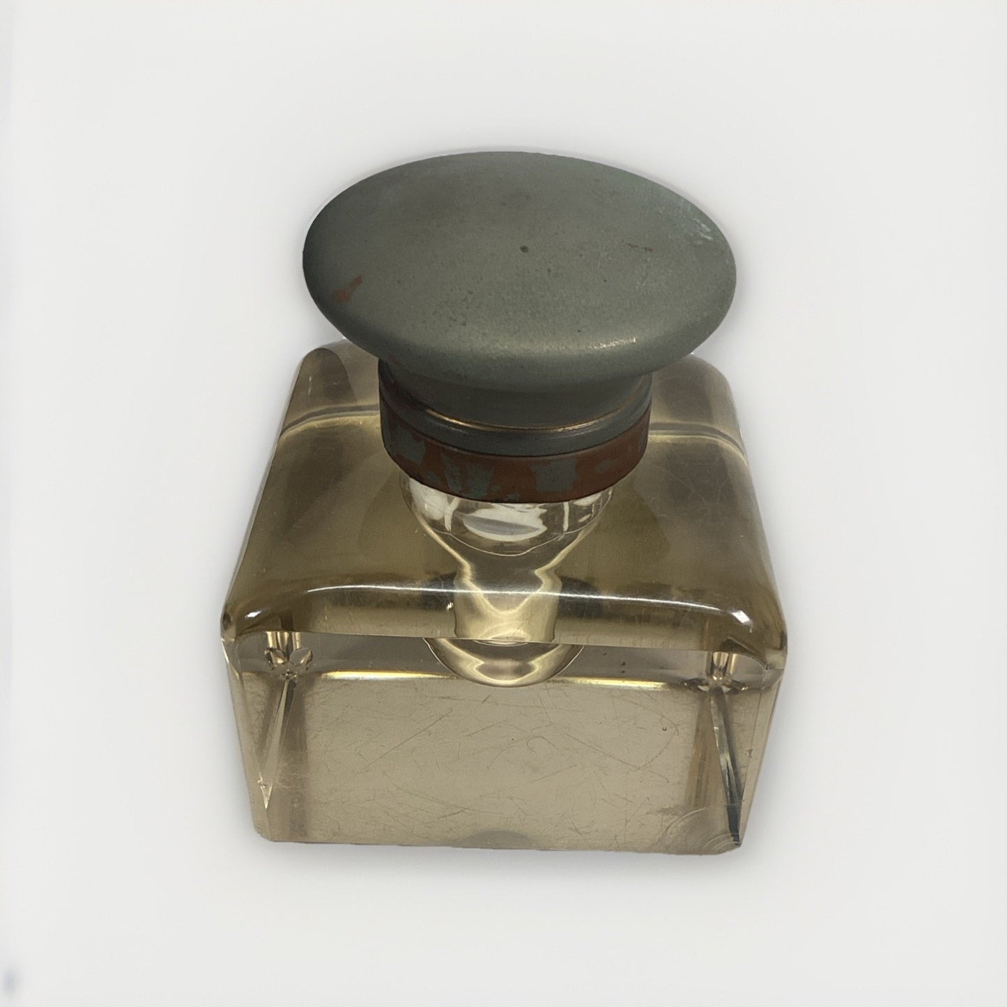 Antique Large 1910 English Glass Inkwell - Crystal & Nickel Over Brass