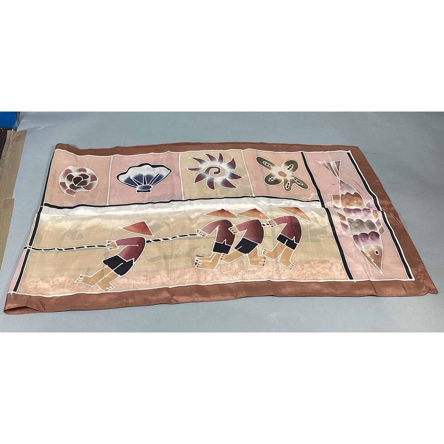100% Silk Beach Themed Scarf W/ Shells, Fish And Fishermen - 60x16”