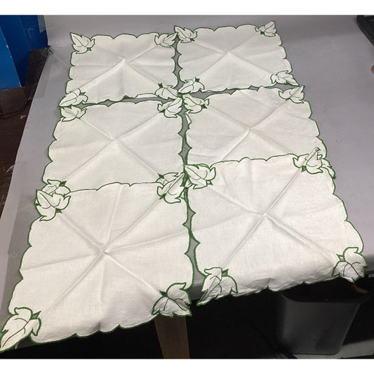 Set Of 6 Embroidered Green Leaf Linen Placemats - Vintage