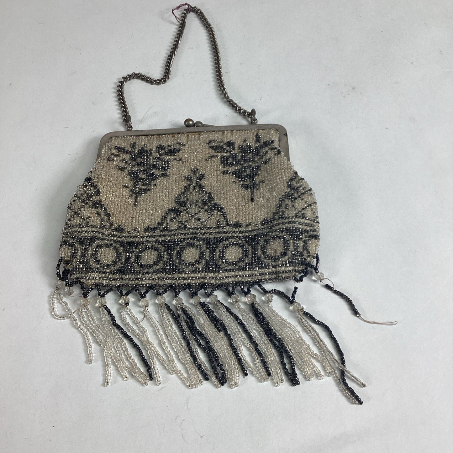 Vintage Beaded Evening Bag With Fringe & Mirror