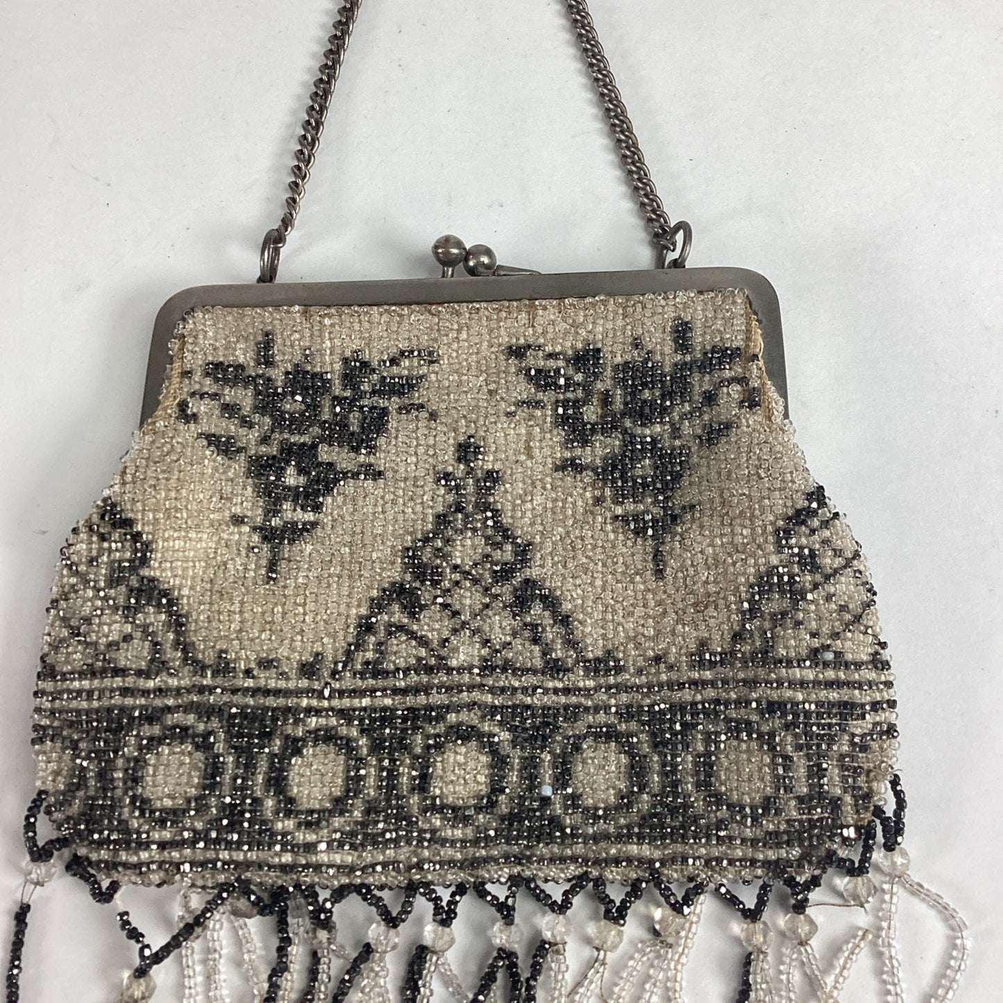 Vintage Beaded Evening Bag With Fringe & Mirror
