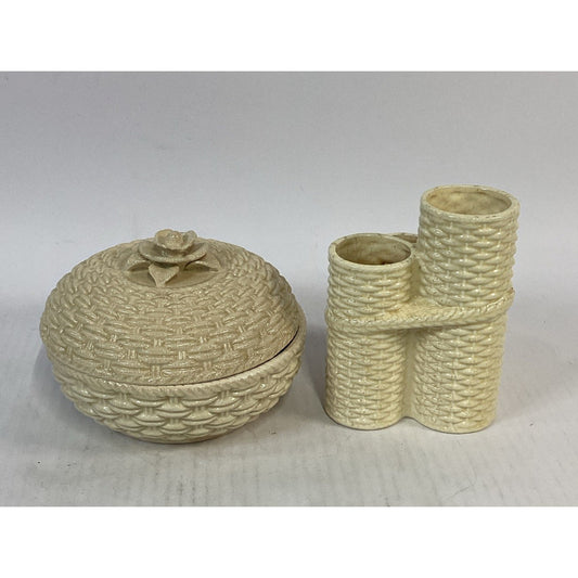 Vintage Ceramic Basket Weave Covered Serving Dish & Vases Set