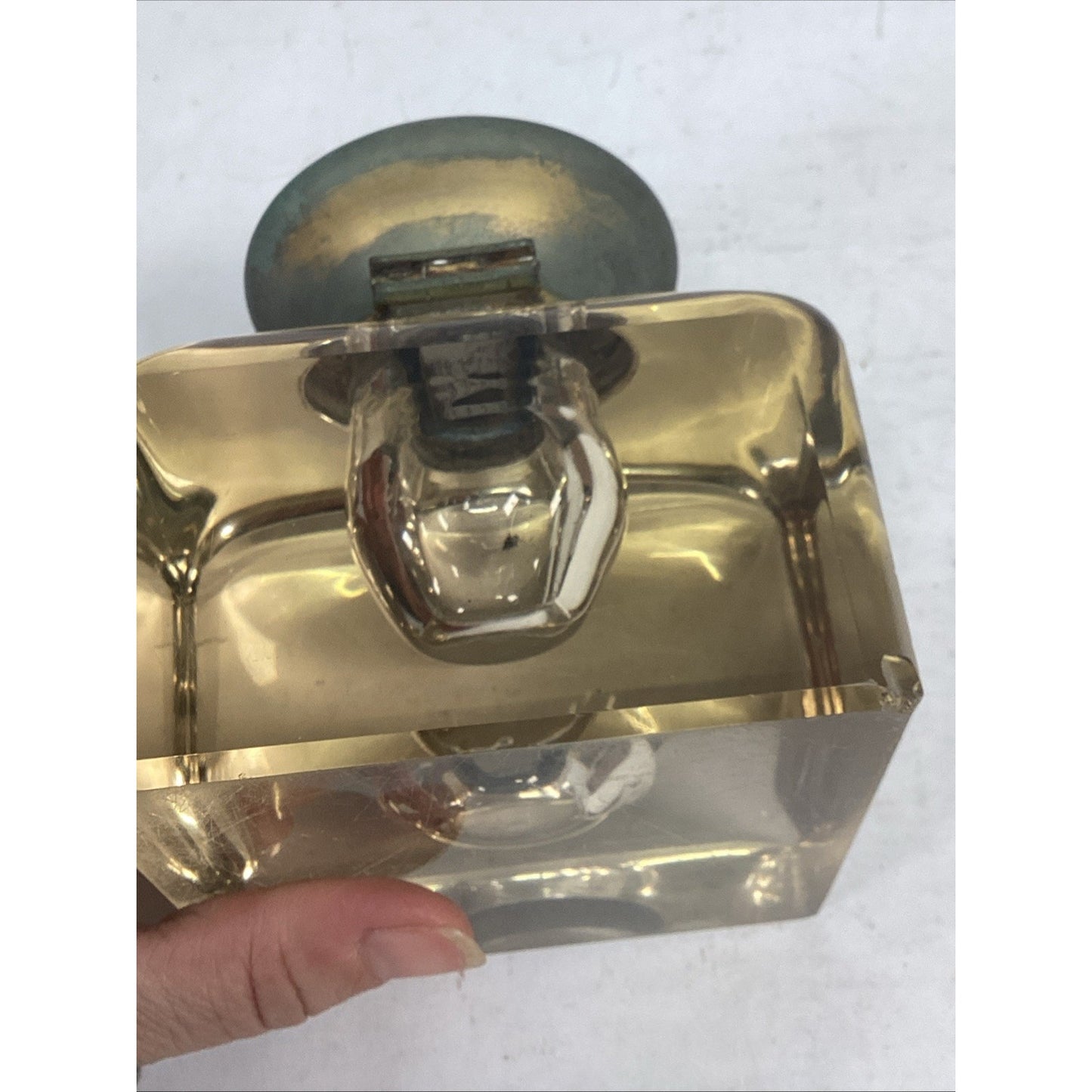 Antique Large 1910 English Glass Inkwell - Crystal & Nickel Over Brass