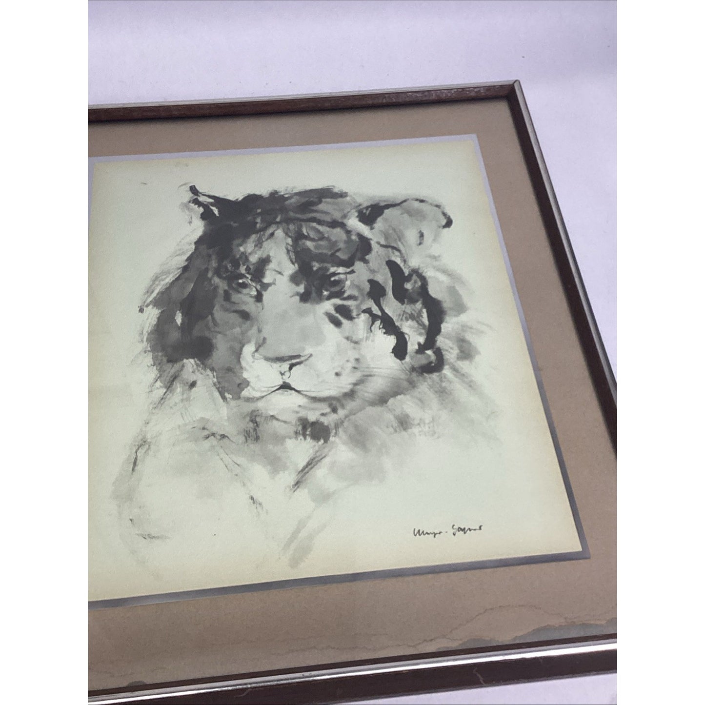 Ubirajara Gomes Signed Tiger Head In Ink - Framed - 24.5x20.5”