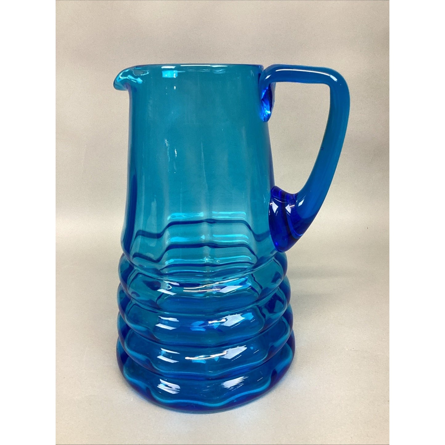 Vintage Art Glass Blue Water Jug Pitcher W/ Handle - 10.5”H