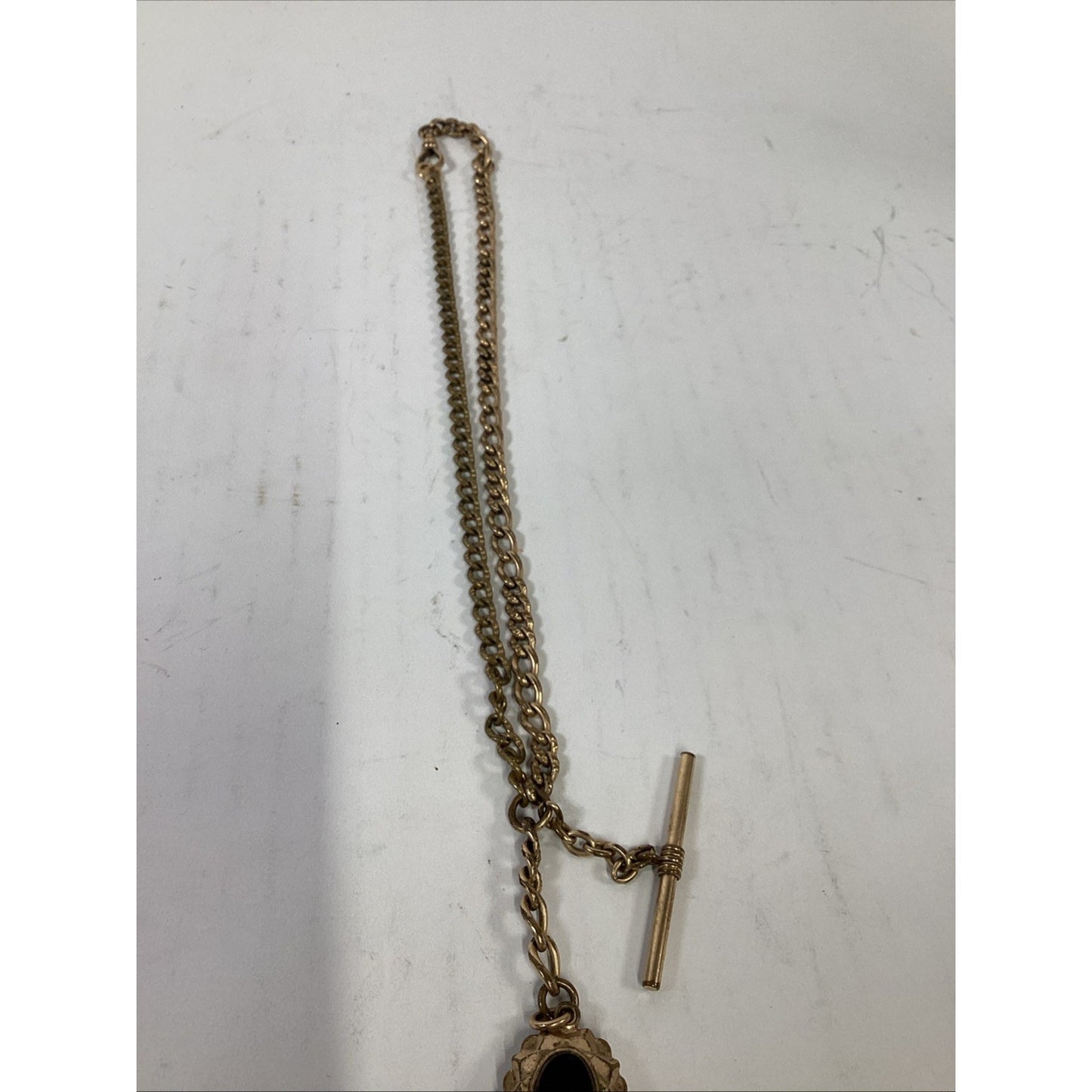 VTG J.F.S. & Sons Pocket Watch Chain W/ T-Bar & Decorative Stone-Set Watch Fob