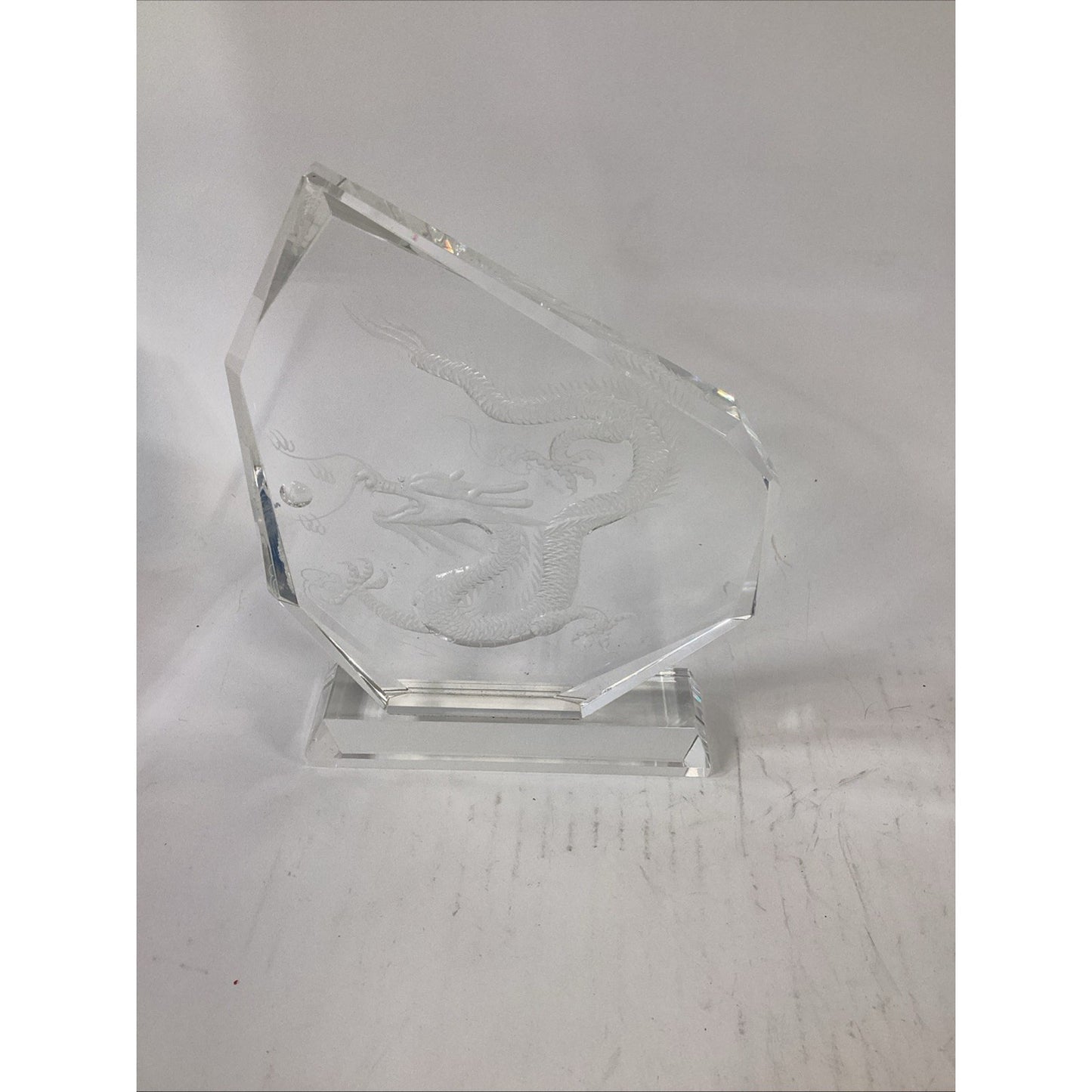 Hand Etched Clear Crystal Glass Lucky Dragon Prism Paper Weight Sculpture