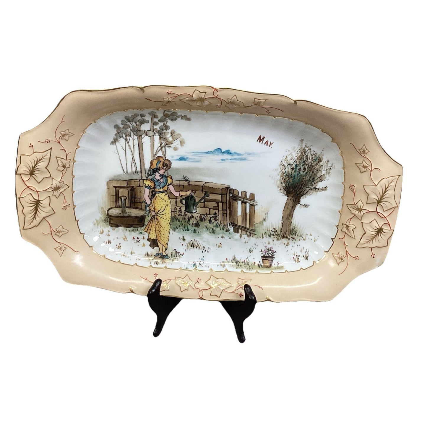 VTG Ceramic ‘May’ Hand Painted Decorative Serving Tray Floral Border - 16x9.5”