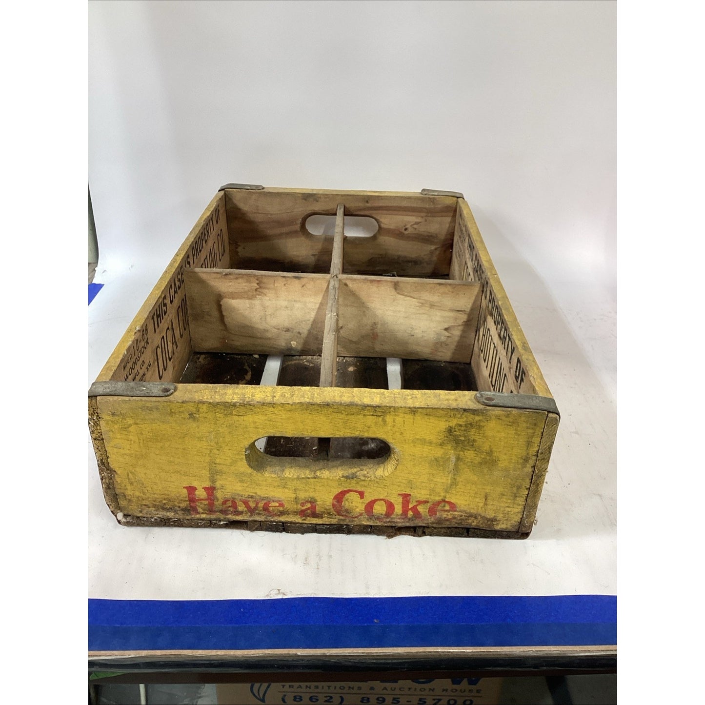 Vintage 1968 Wooden Coca Cola Yellow Wood Crate W/ 6 Bottles In Holder - SC