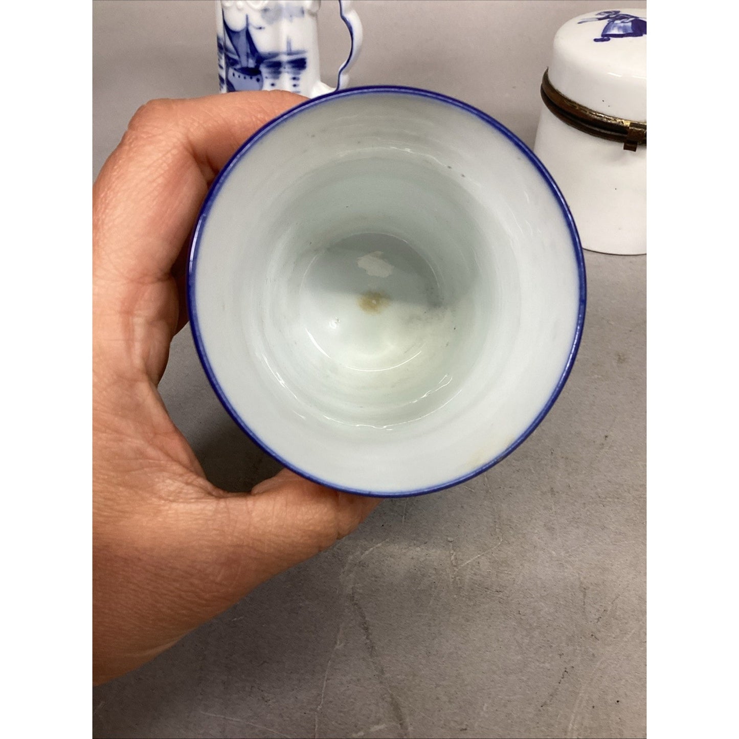 Antique Flow Blue Delft Style White Milk Jug Sailboat, Windmill Cup & Lidded Jar