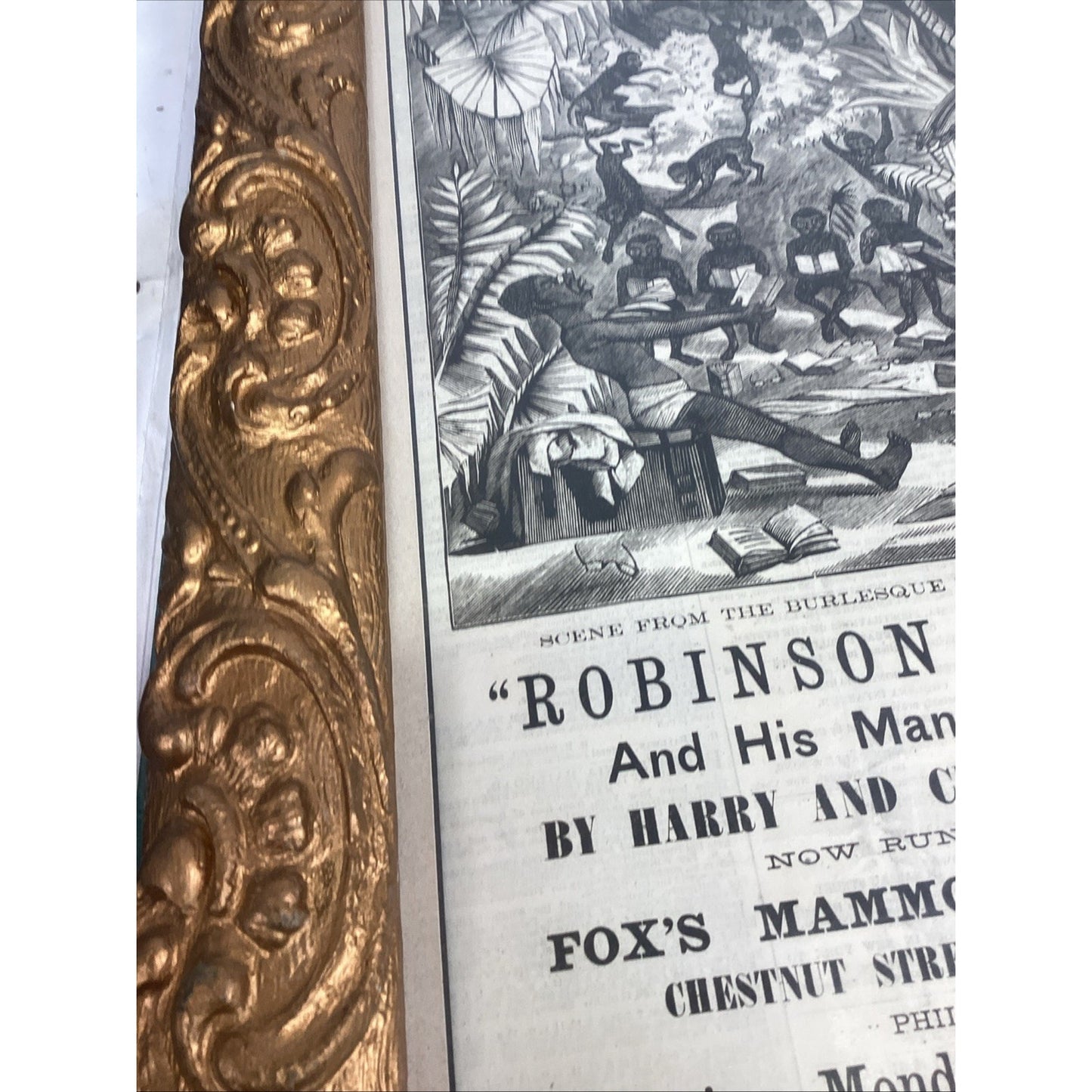 Framed Victorian Style Robinson Crusoe Theatre Poster W/ Ornate Gold Frame