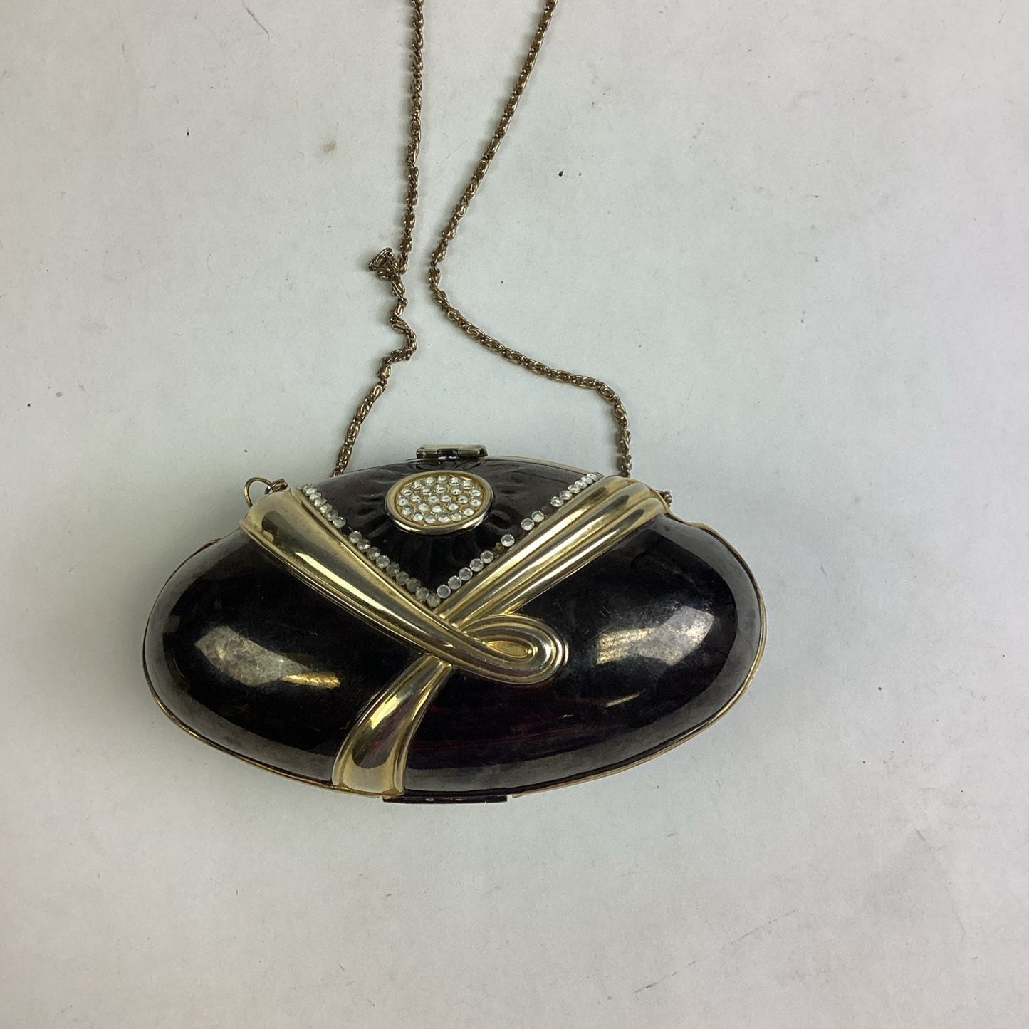Vintage Black Evening Bag With Gold Trim, Rhinestones And Gold Chain