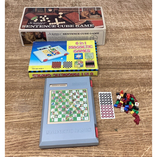 Vintage Scrabble Sentence Cube Game (1971) & 6 In 1 Magnetic Games #201A