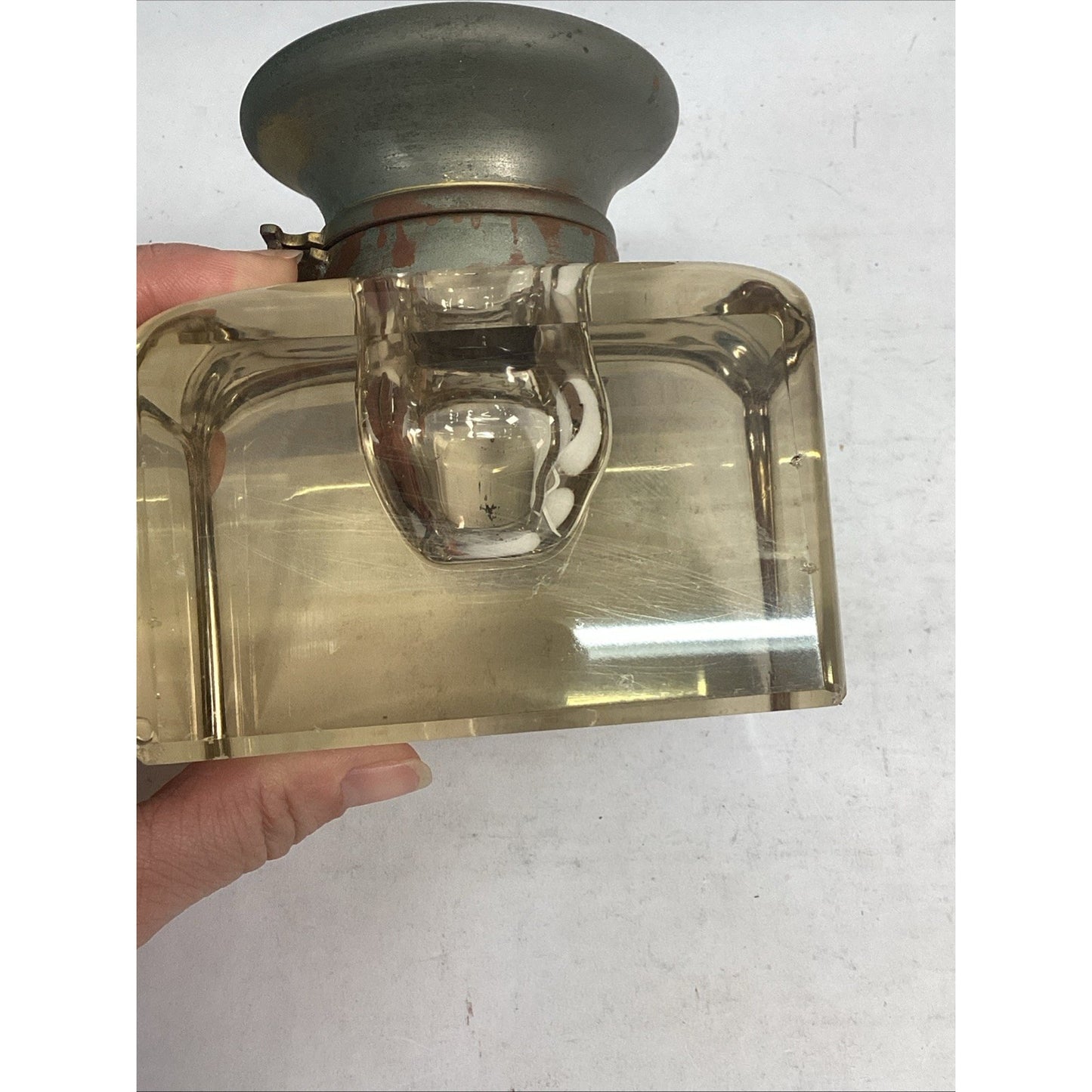 Antique Large 1910 English Glass Inkwell - Crystal & Nickel Over Brass