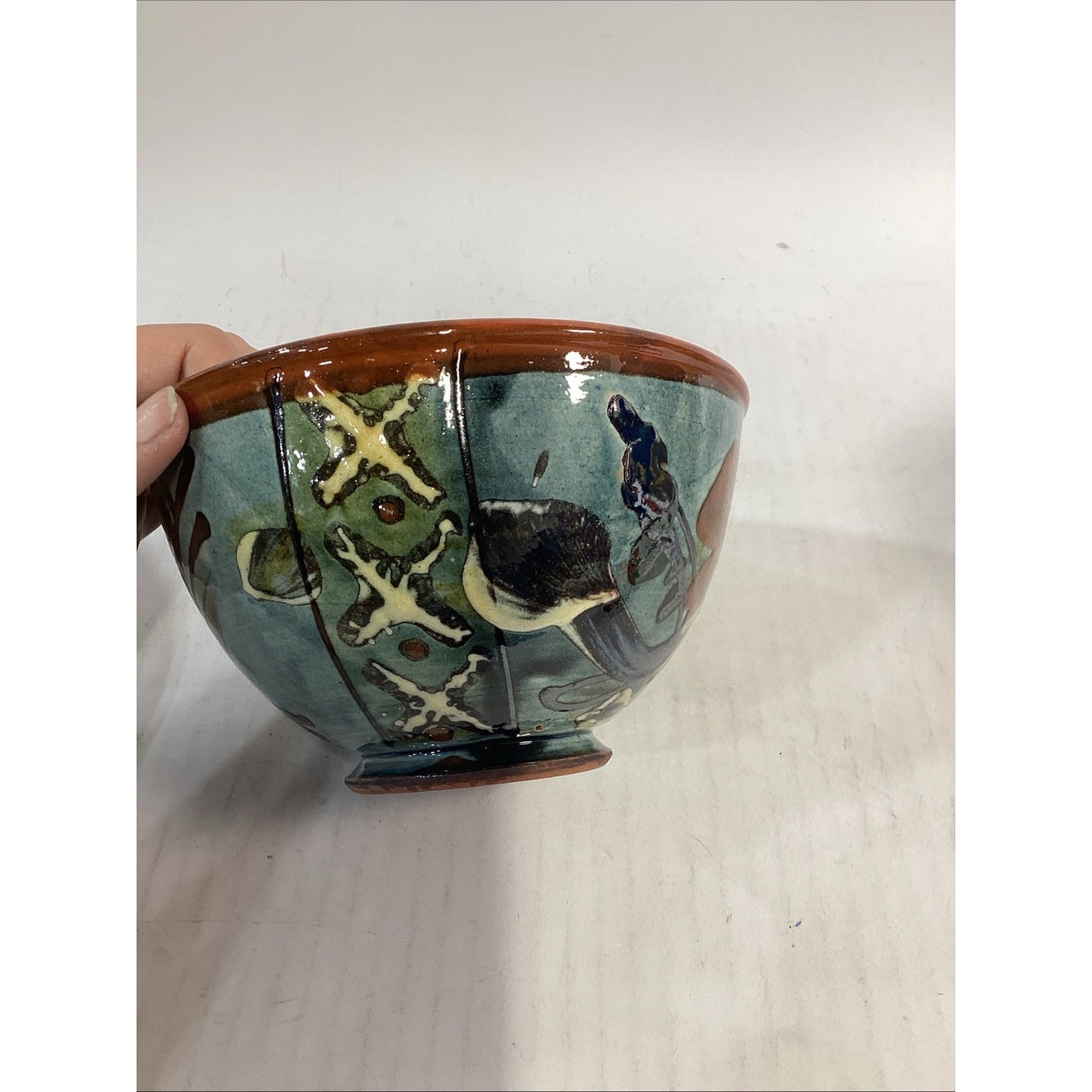 Lot Of 3 Hand Painted Glazed Pottery Bowls - 3.75”Hx6.5”D