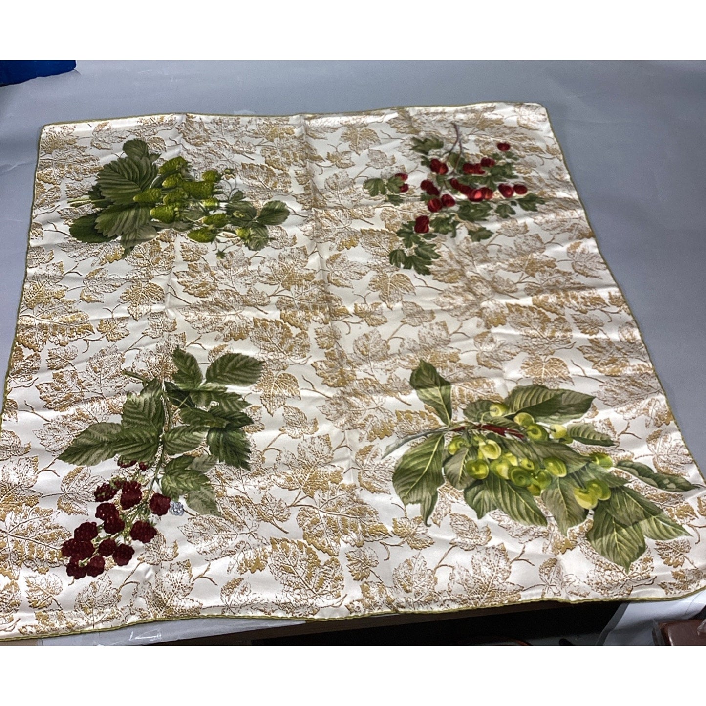 100% Silk Scarf W/ Leaves And Berries - 30x30”