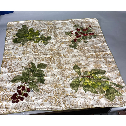 100% Silk Scarf W/ Leaves And Berries - 30x30”