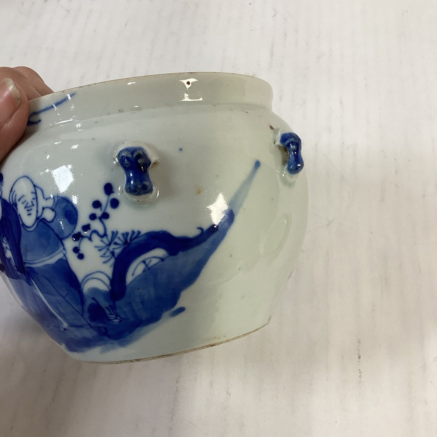 Antique 1851-1861 Chinese Blue And White Porcelain Kamcheng Covered Jar Qing Dyn