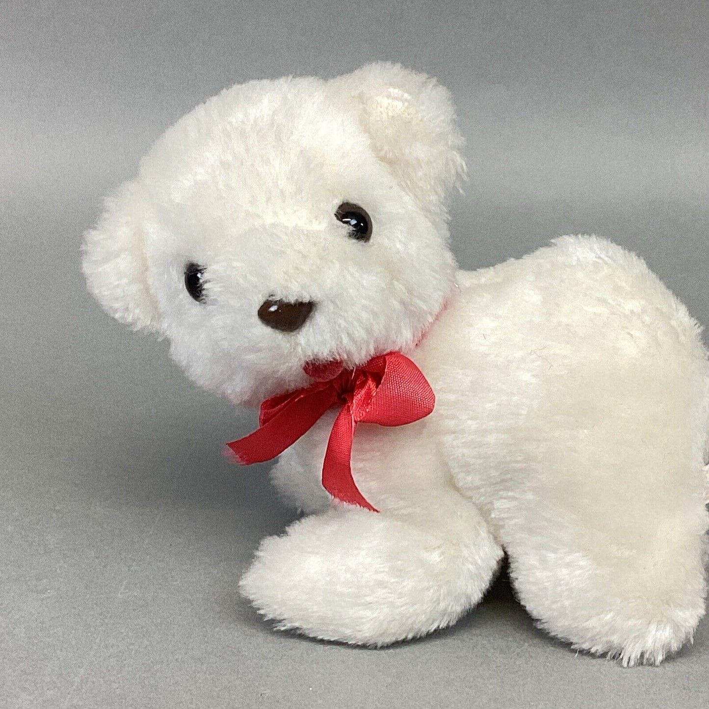 Vintage 1982 White Polar Bear Cub Plush Toy With Red Ribbon