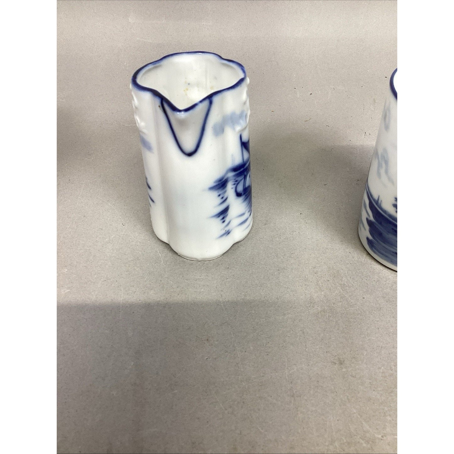 Antique Flow Blue Delft Style White Milk Jug Sailboat, Windmill Cup & Lidded Jar