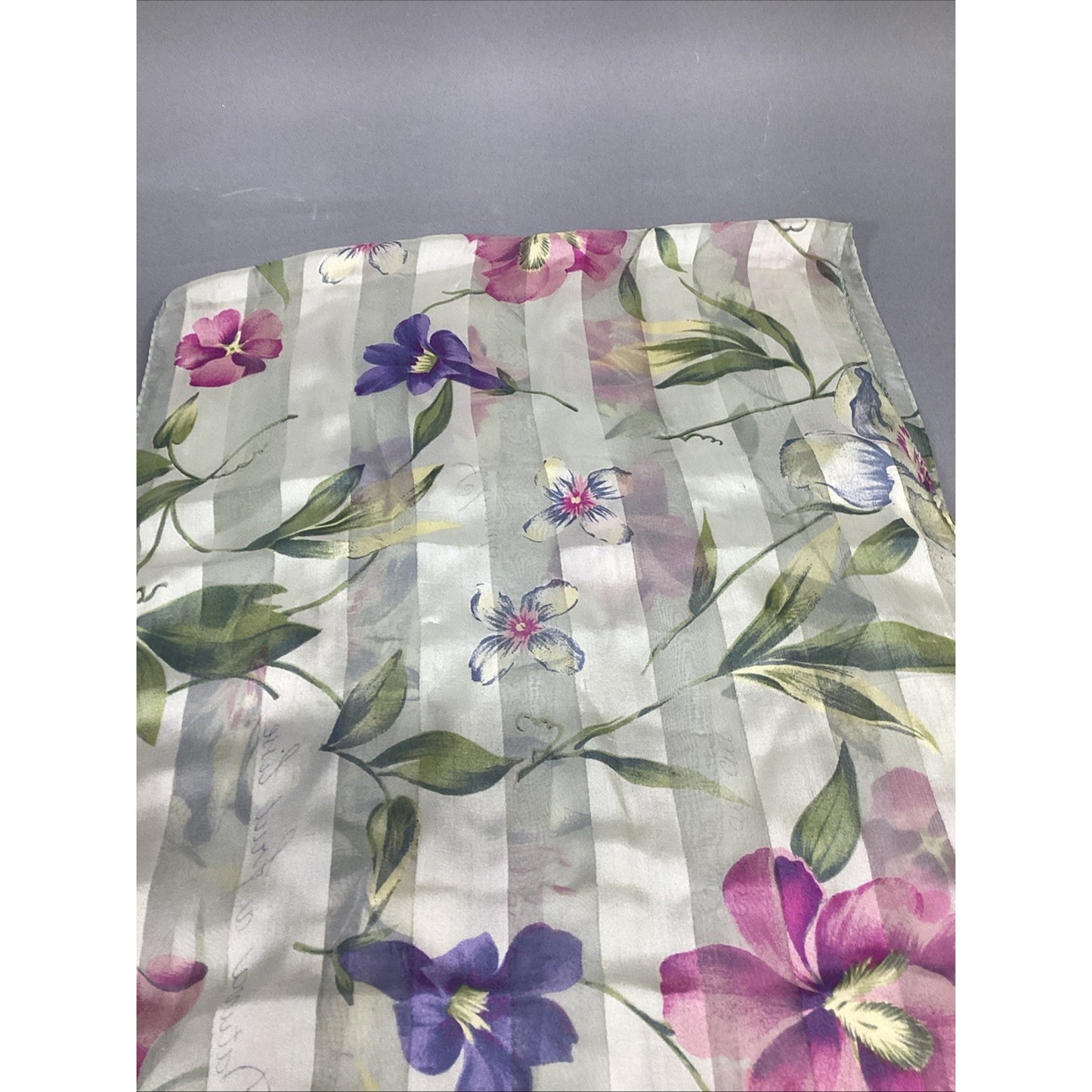 100% Silk Purple Pink Striped Women’s Floral Scarf - 60x15”