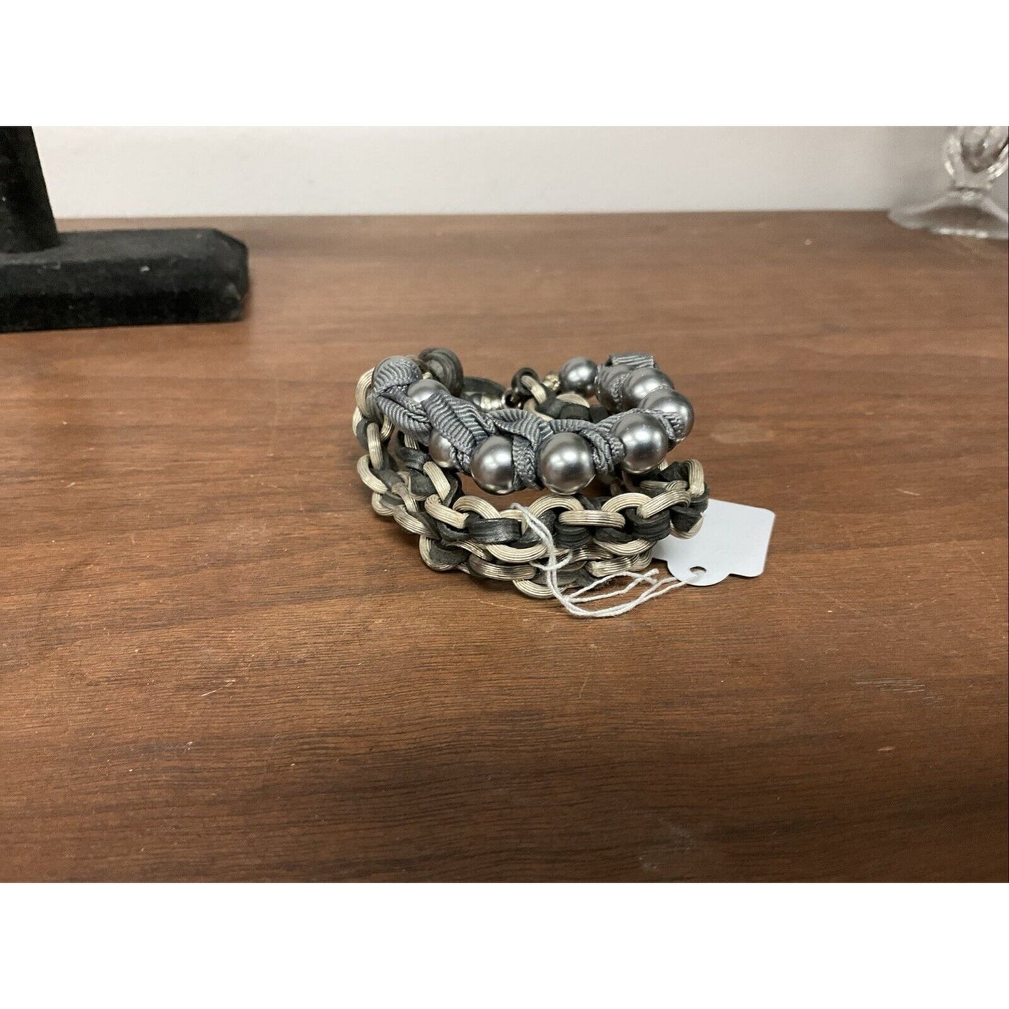 Beaded Bracelet With Silver Chain, Ribbon And Leather Throughout 8”