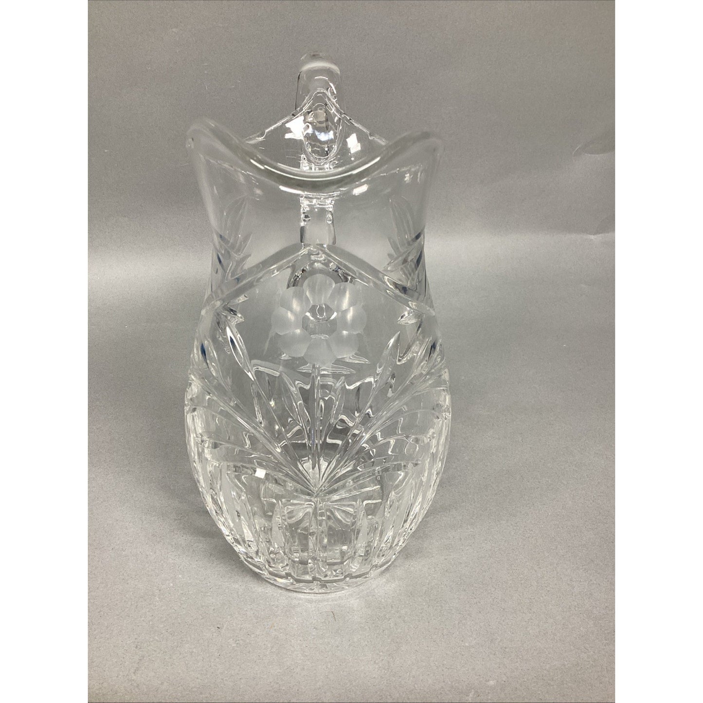 Vintage Cut Glass Floral Crystal Pitcher - 8.5”H
