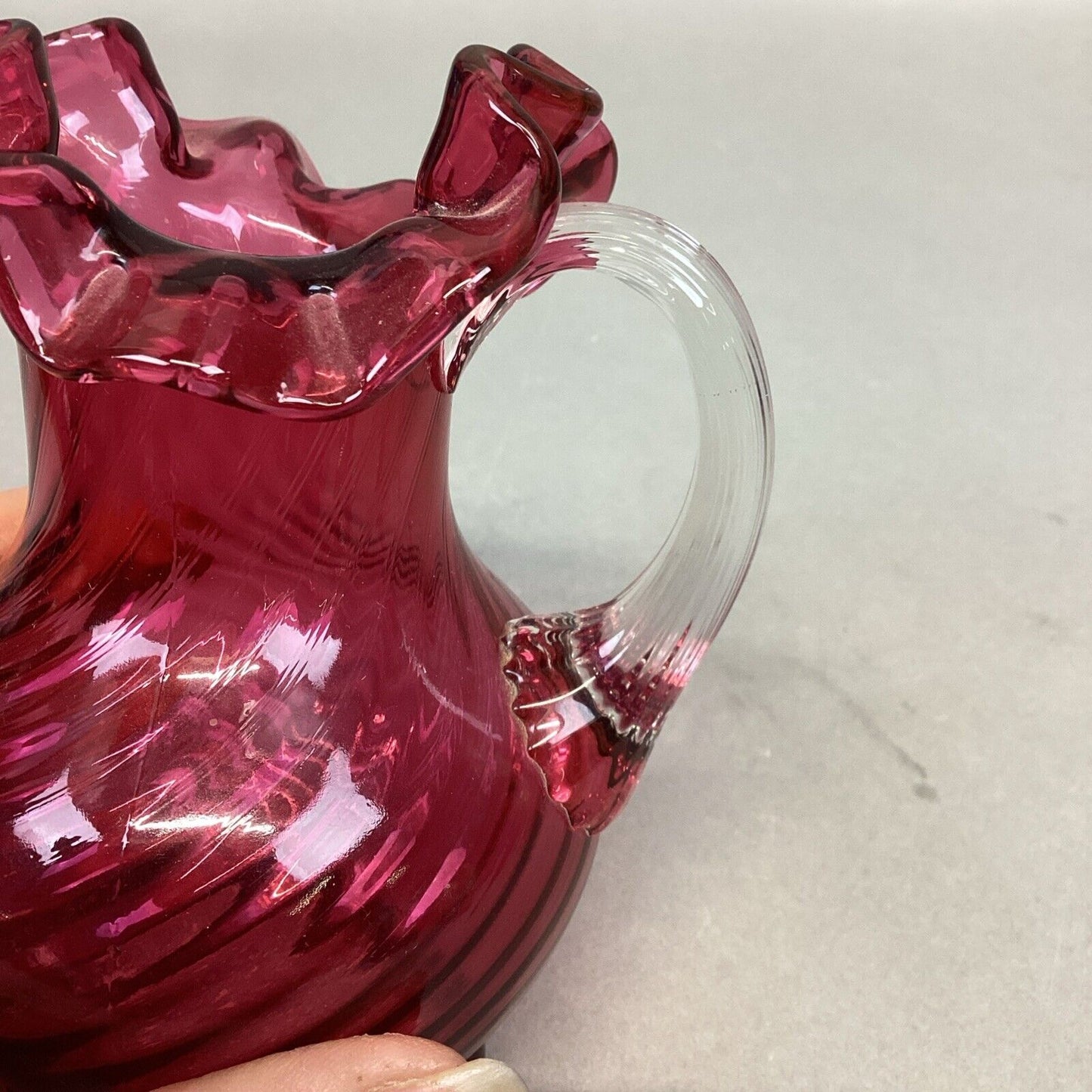 Fenton Cranberry Spiral Swirl Crimped Rim Glass Pitcher W/ Clear Handle - 5.5”H