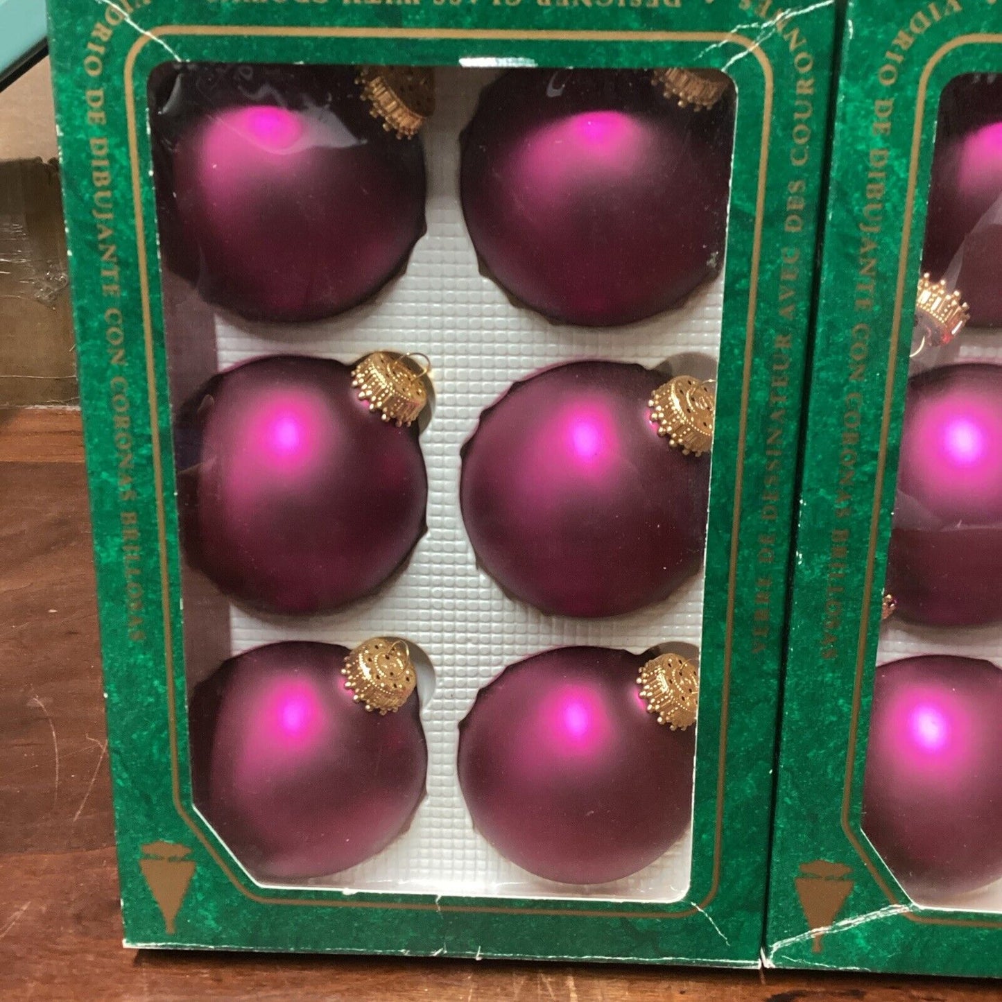 6 KREBS Christmas Glass BALL Ornaments SATIN Burgundy Red/Purple Wine 2.6" W/Box