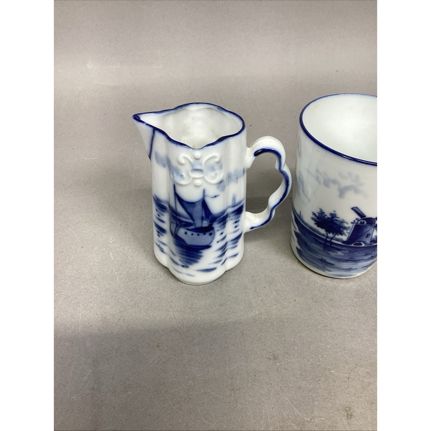 Antique Flow Blue Delft Style White Milk Jug Sailboat, Windmill Cup & Lidded Jar