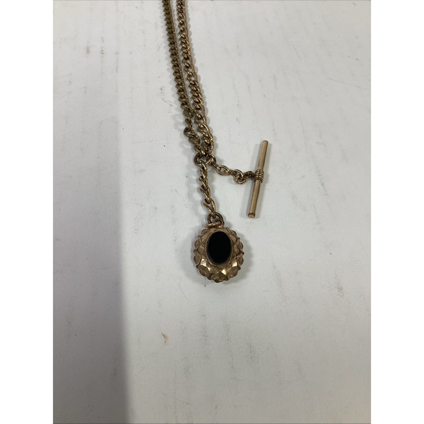 VTG J.F.S. & Sons Pocket Watch Chain W/ T-Bar & Decorative Stone-Set Watch Fob