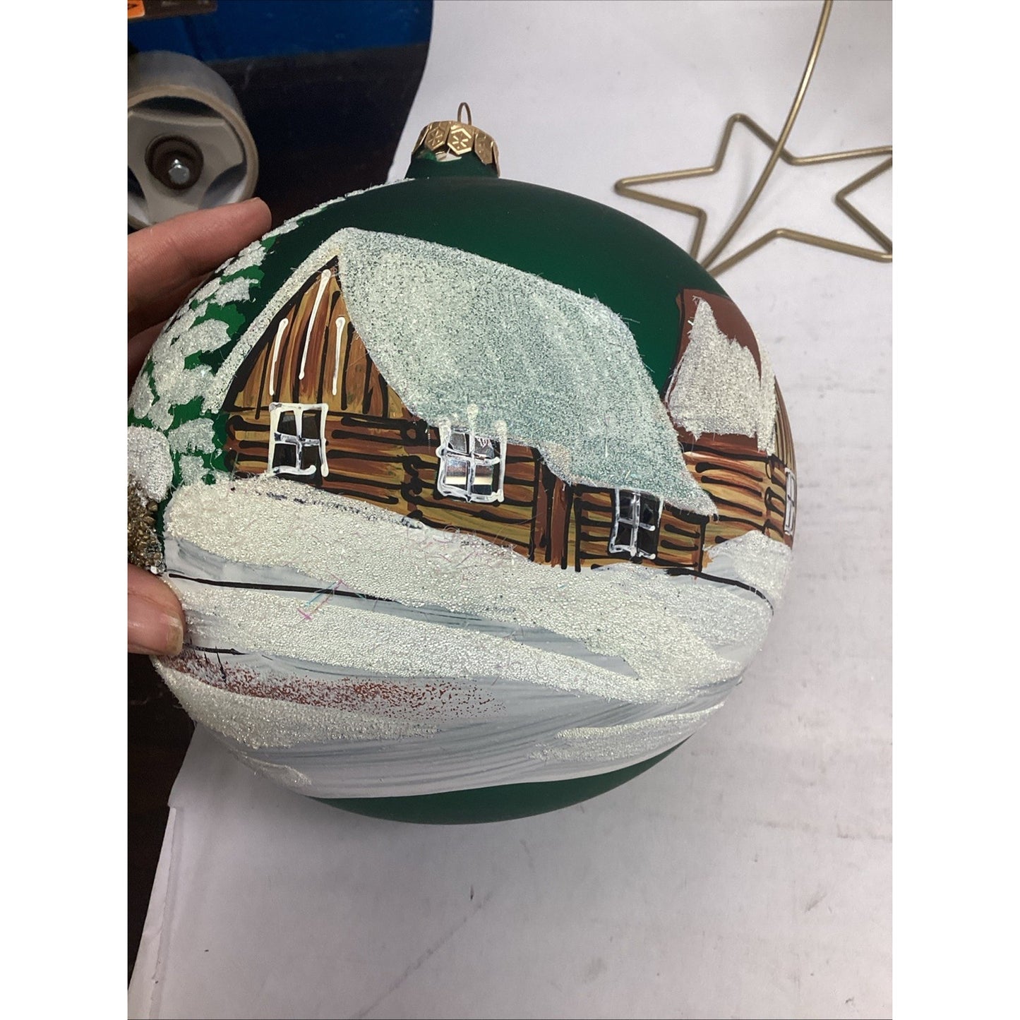 2 Hand Painted Snowy Cabins Glass Ball Ornaments With Ornament Hangers - 7”D