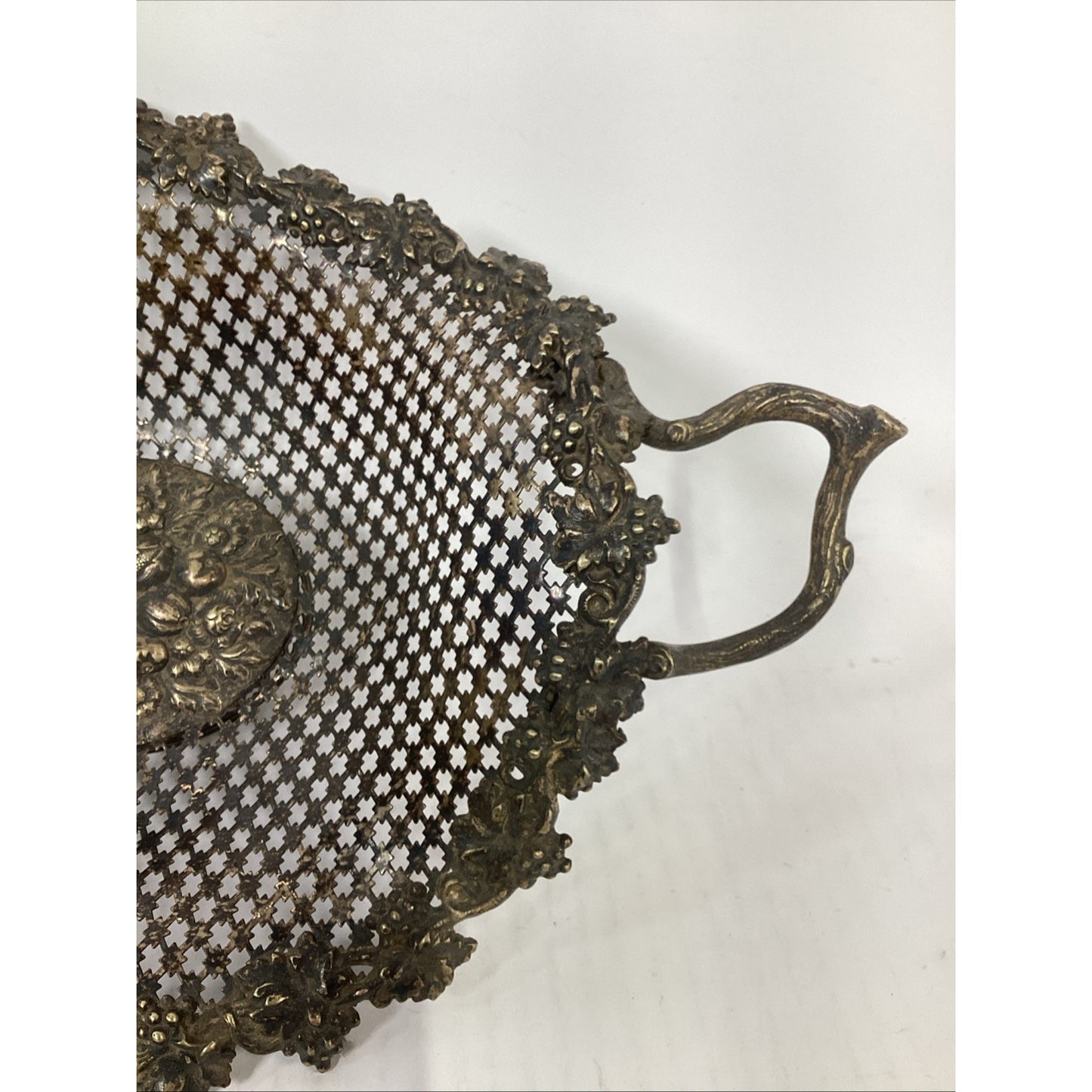 Vintage Italian Brass Bowl Ornate Filigree Basket With Handles