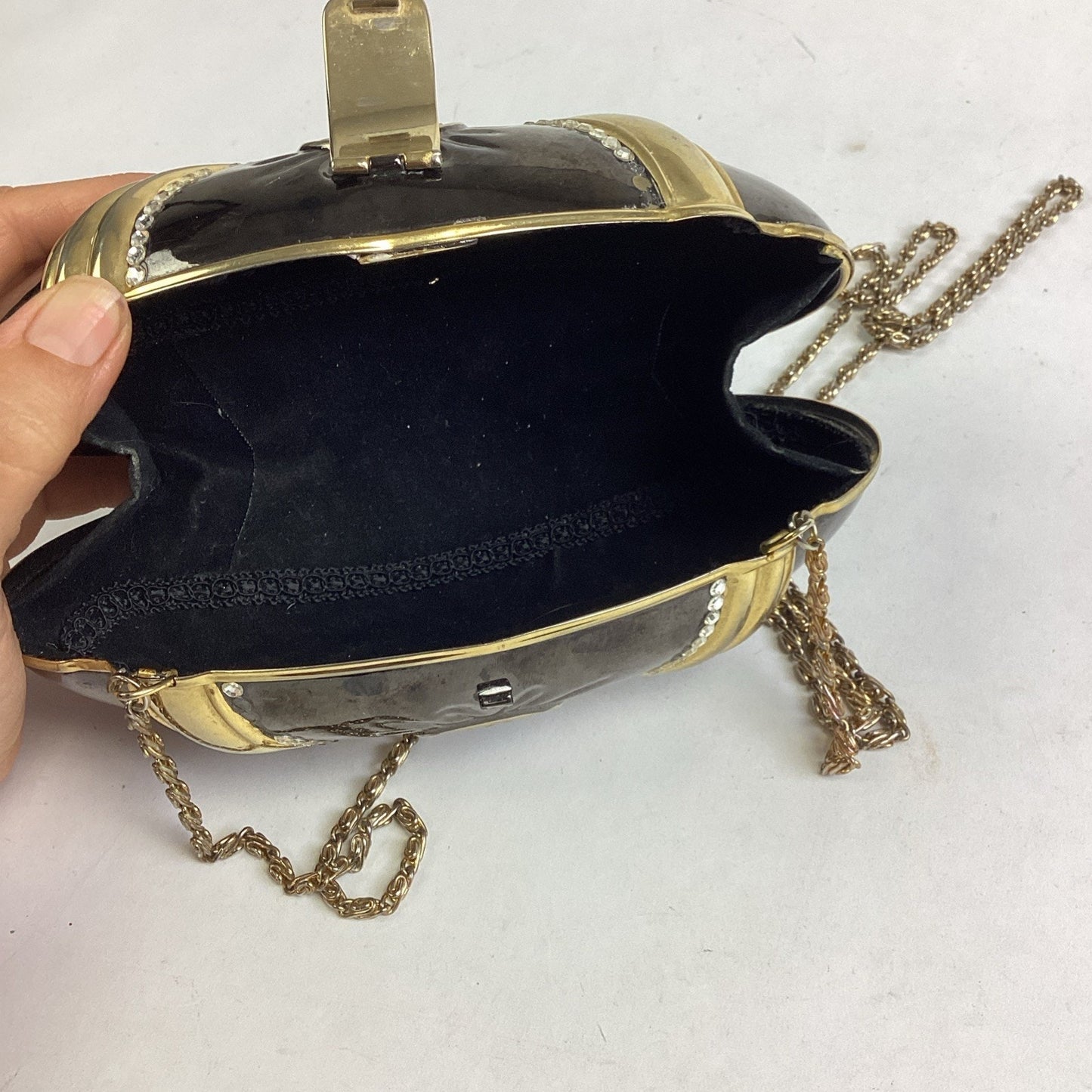 Vintage Black Evening Bag With Gold Trim, Rhinestones And Gold Chain