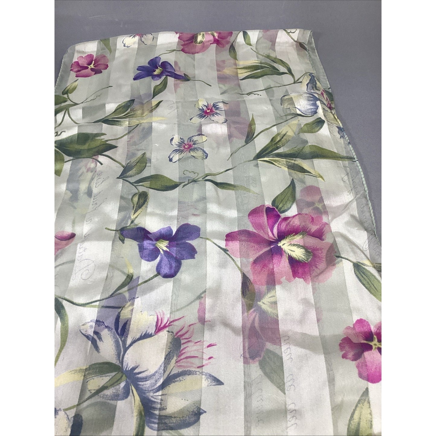 100% Silk Purple Pink Striped Women’s Floral Scarf - 60x15”