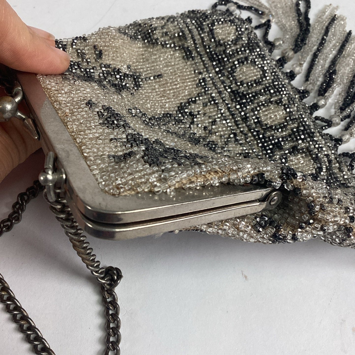 Vintage Beaded Evening Bag With Fringe & Mirror