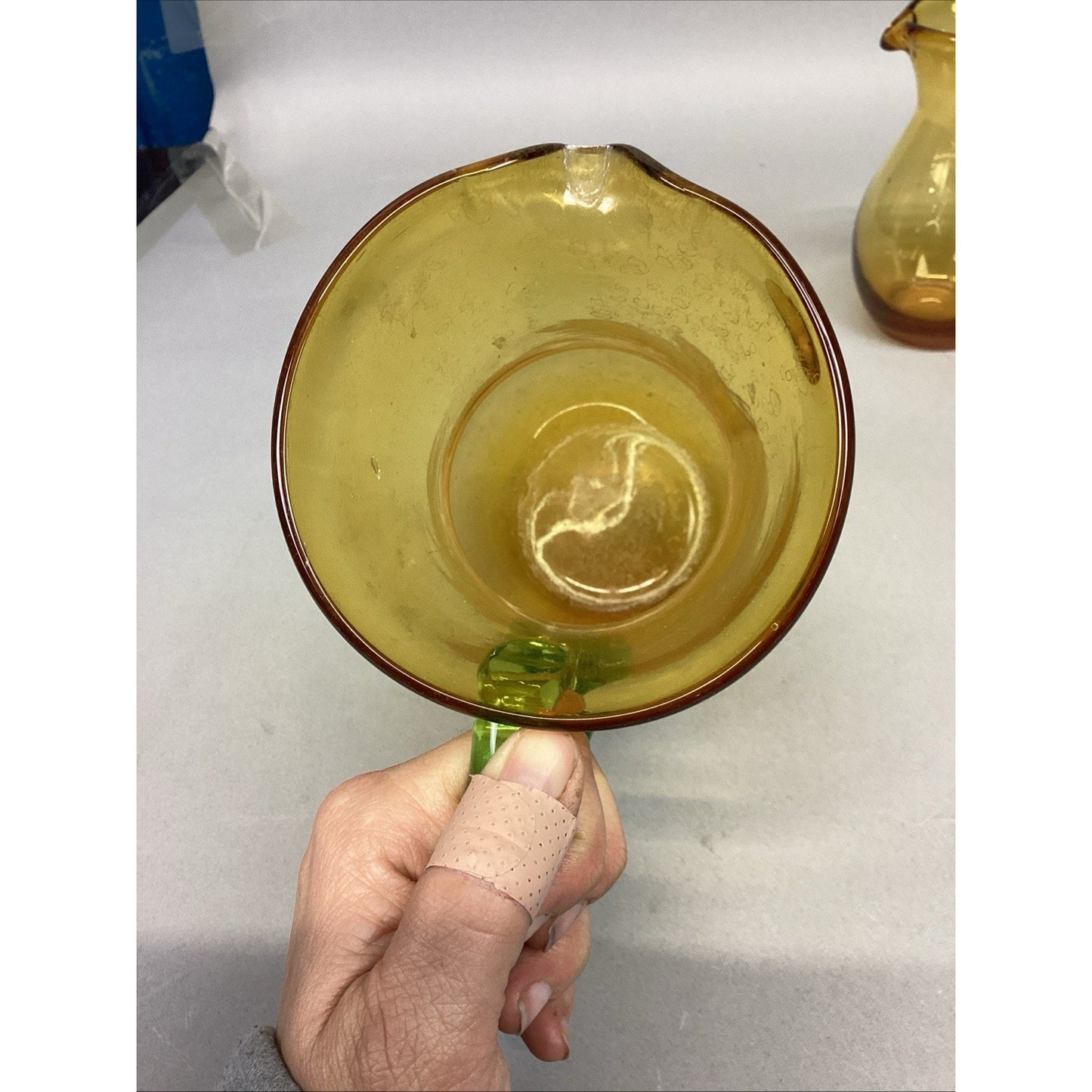 Set Of 3 Art Bubble Glass Hand Blown Pitcher W/ Amber Green Attached Handle