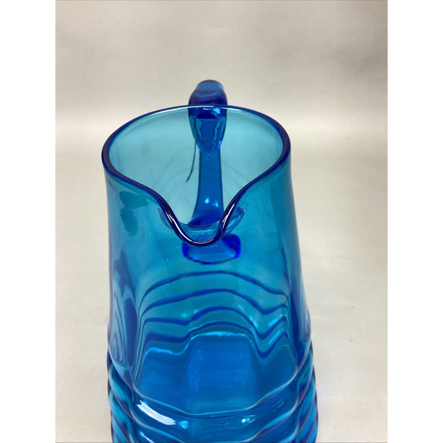 Vintage Art Glass Blue Water Jug Pitcher W/ Handle - 10.5”H