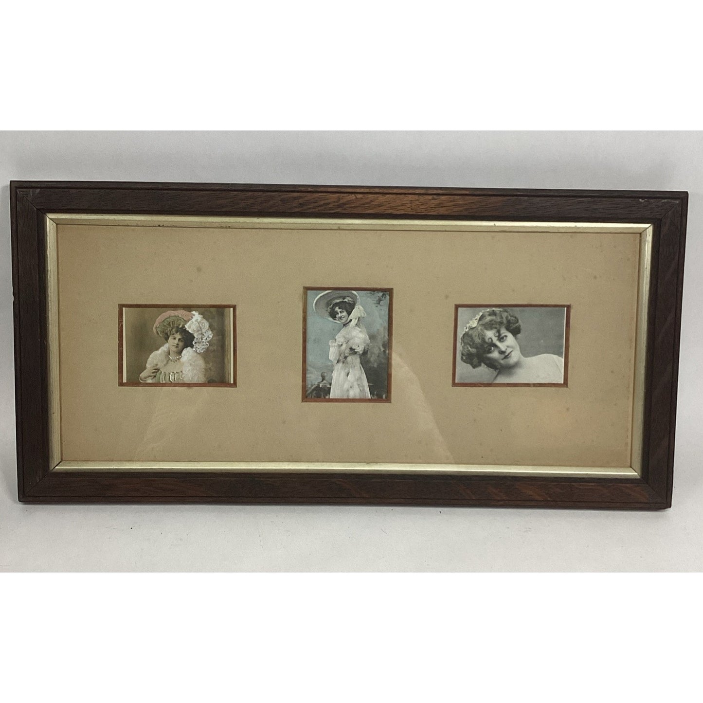 Early 1900’s Victorian Style Photographic Portraits In Wooden Frame - 19x9”