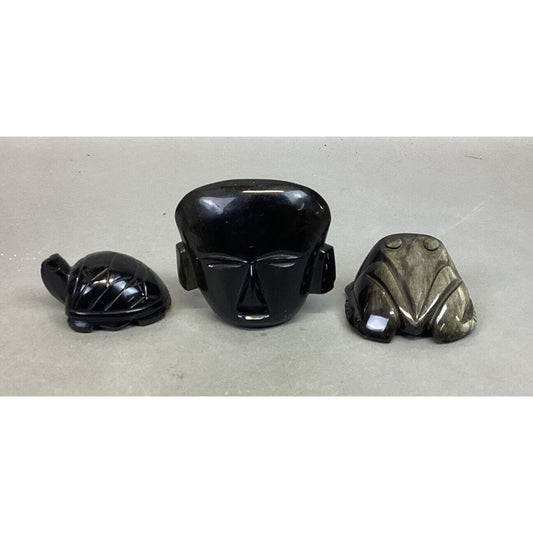 Set Of 3 Obsidian Black Onyx Figurines - Sea Turtle, Head & Frog/Toad