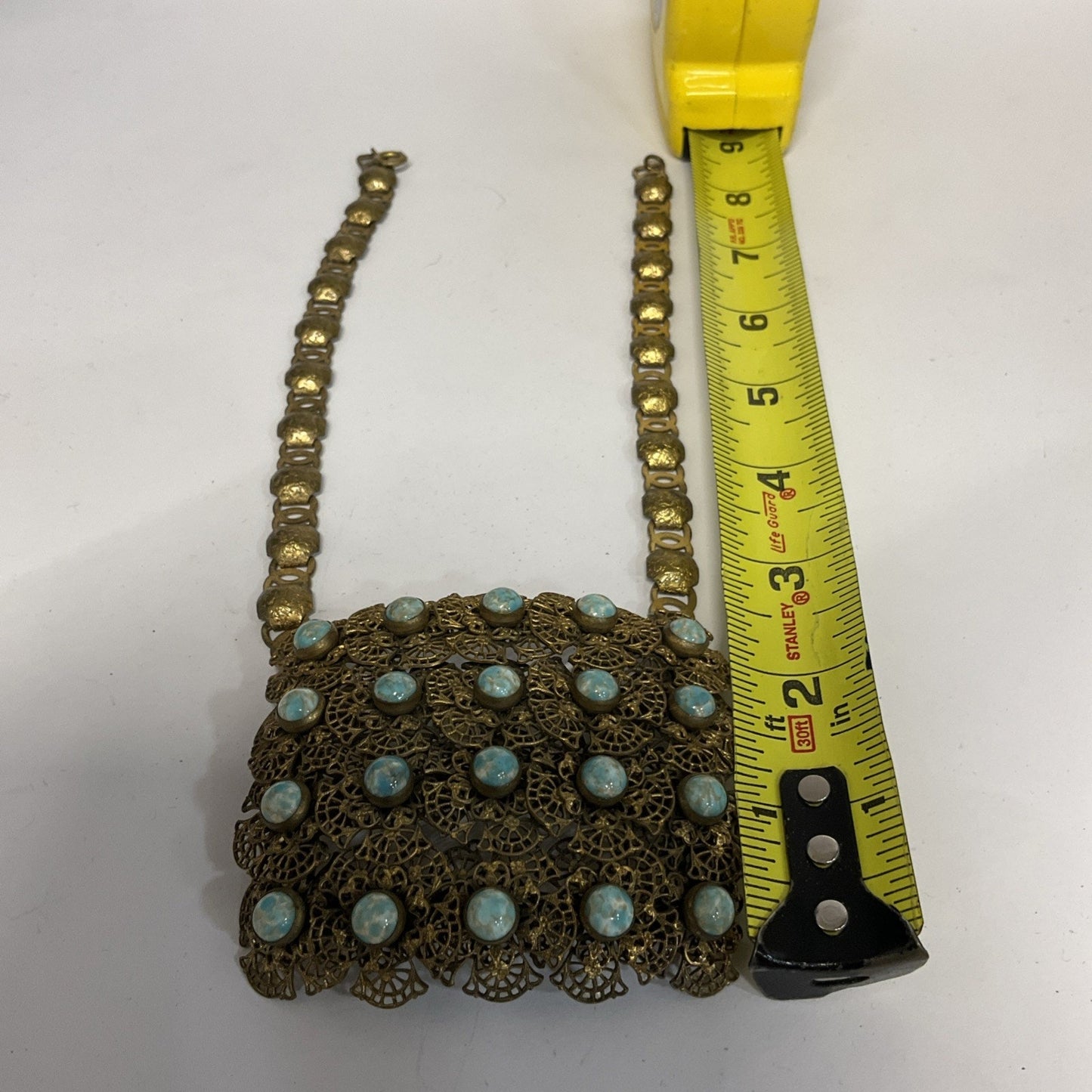 Vintage Jewelry Gold Blue Confetti Glass Bib Necklace RARE