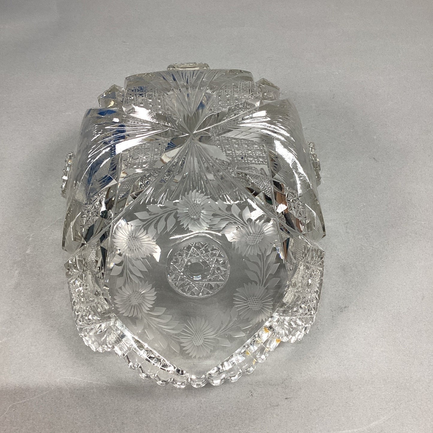Vintage Heavy Cut Glass Bowl With Sawtooth Edges - Floral & Sunburst - 11x7”