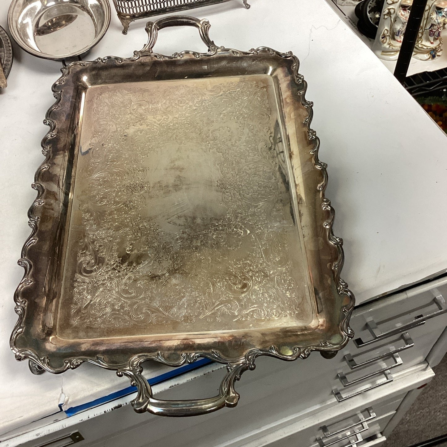 Lot Of 10 Silver Plated Platters, Bowls, Sugar/Creamer And Spoon