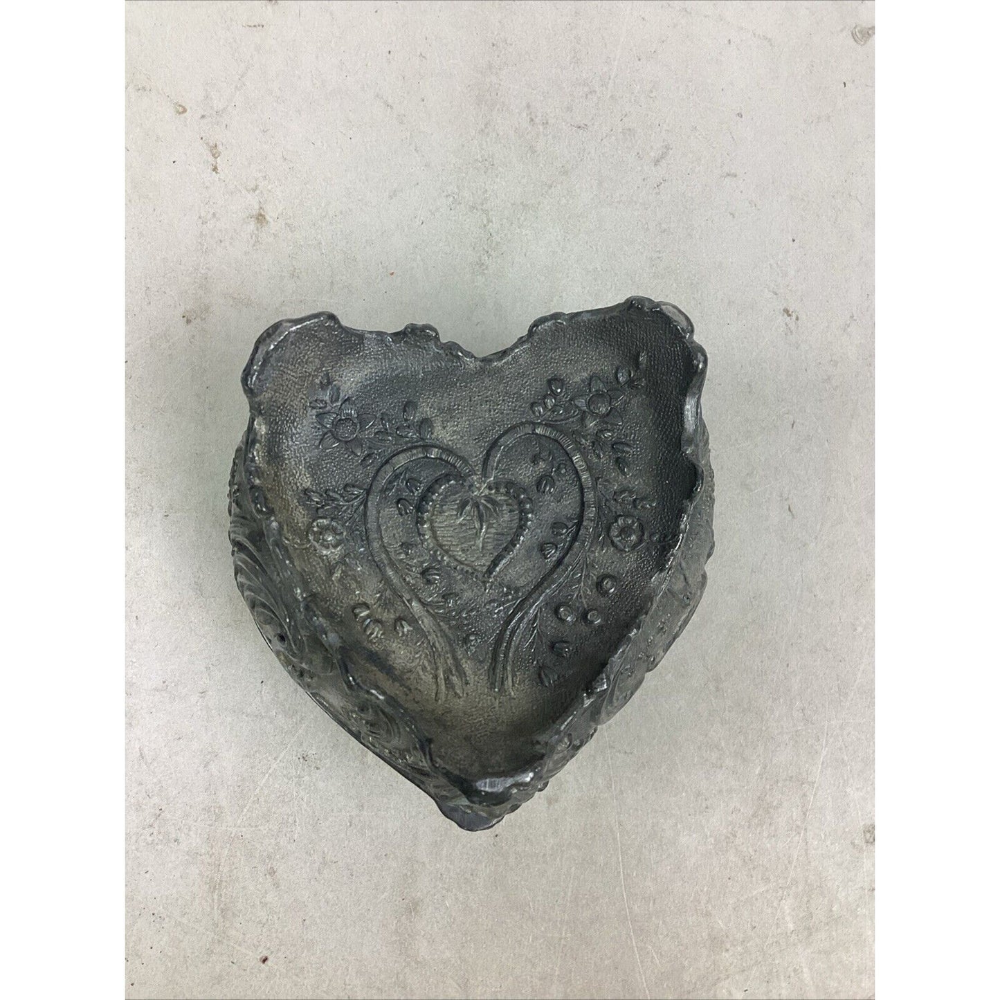 Heart Shaped Jewelry Casket Antique Metal With Hinged Lid & Silk Lining