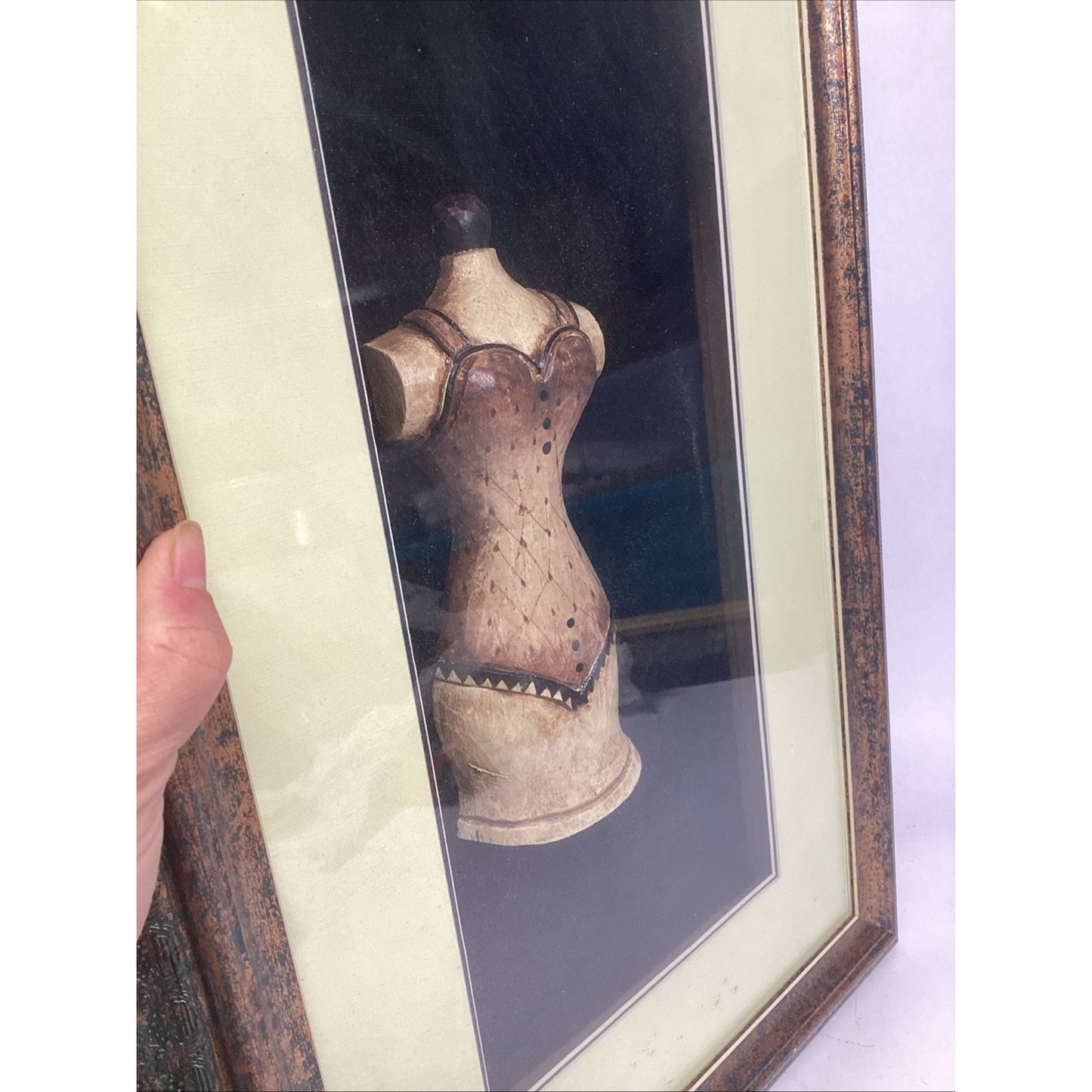 Vintage Wooden Display Dress Bust In Picture Frame - 22x15x3”